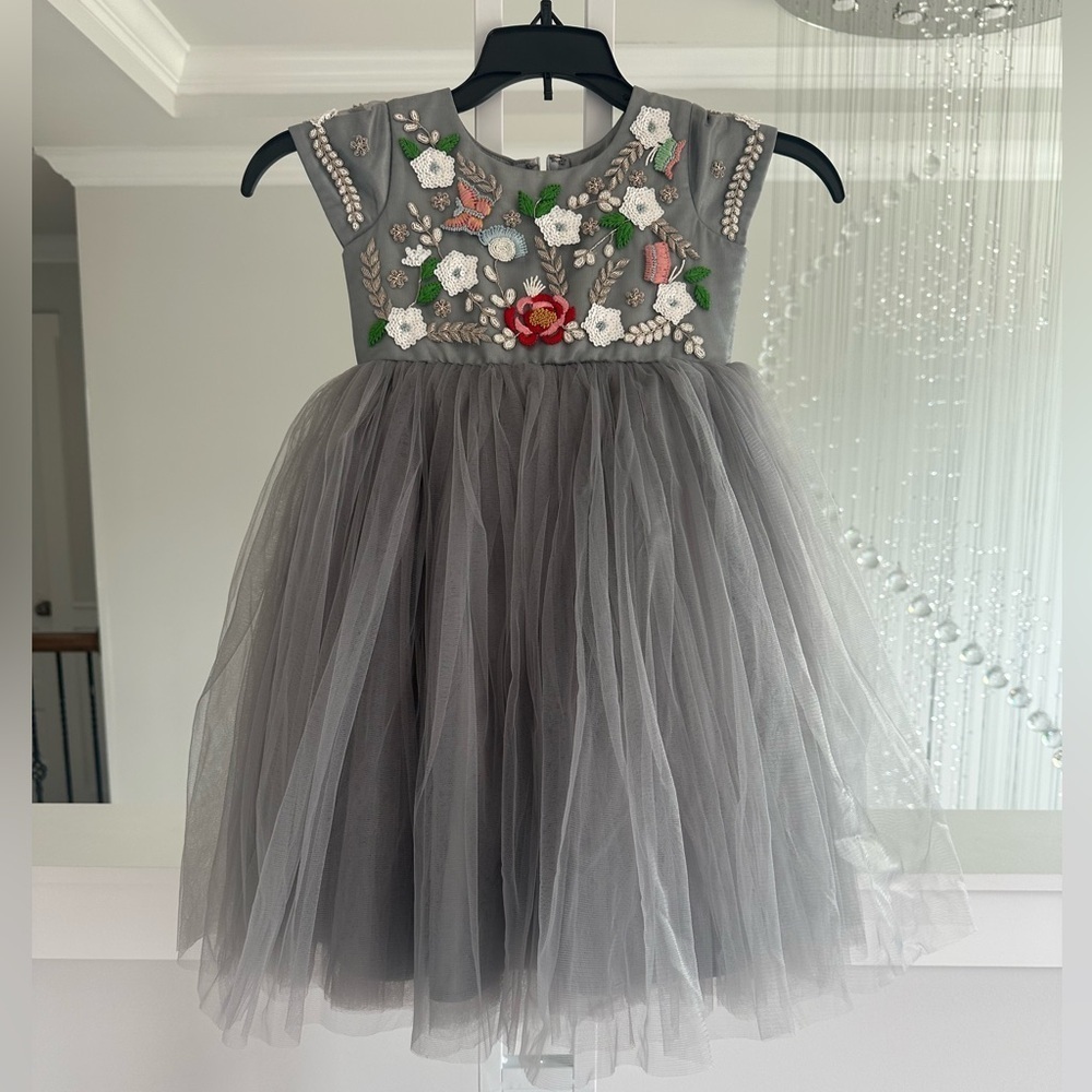 Kids custom made Gray Tulle Dress with Floral Embroidery